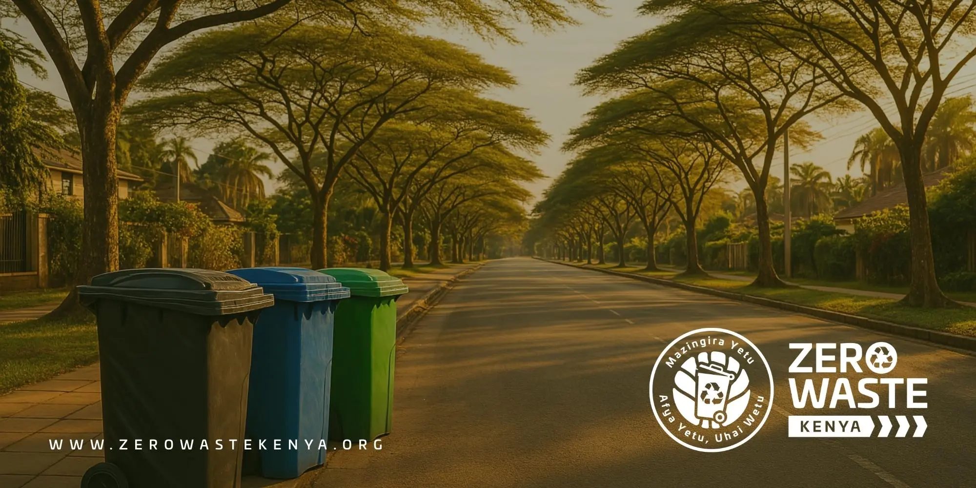 Zero Waste Kenya — Tree-lined road with branded waste bins